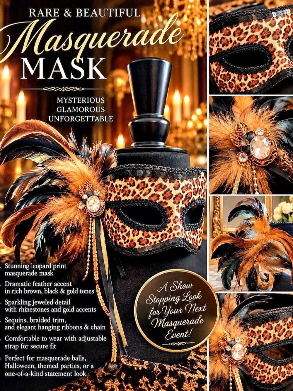 Masquerade Mask Leopard Feather Wild Glamorous Mysterious Vintage